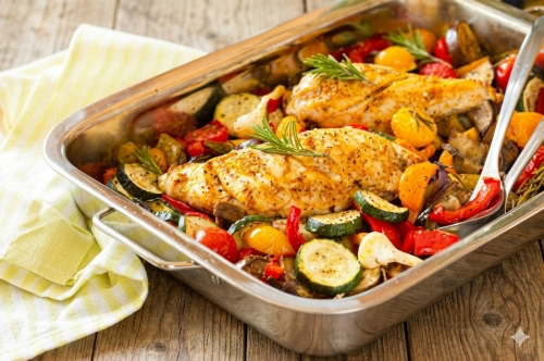 Запечённая курица с овощами