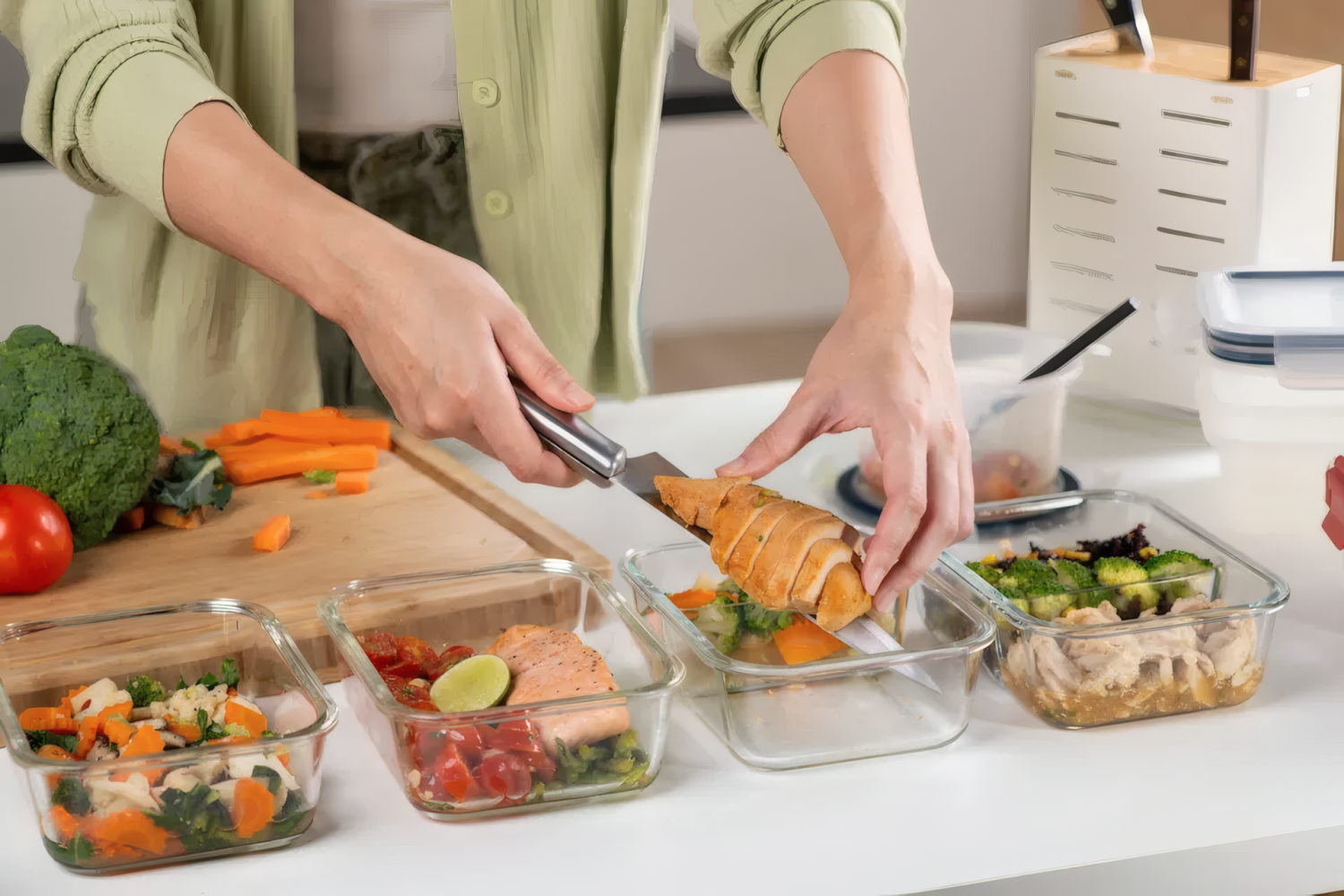 Приготовление полезных домашних блюд с овощами, курицей и рыбой в стеклянных контейнерах