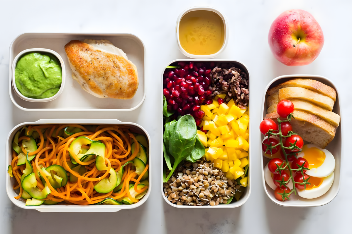 Набор контейнеров с блюдами правильного питания: куриная грудка, овощи, салат с зернами и гранатом, хлеб, яйца, помидоры и яблоко, как пример здорового рациона.