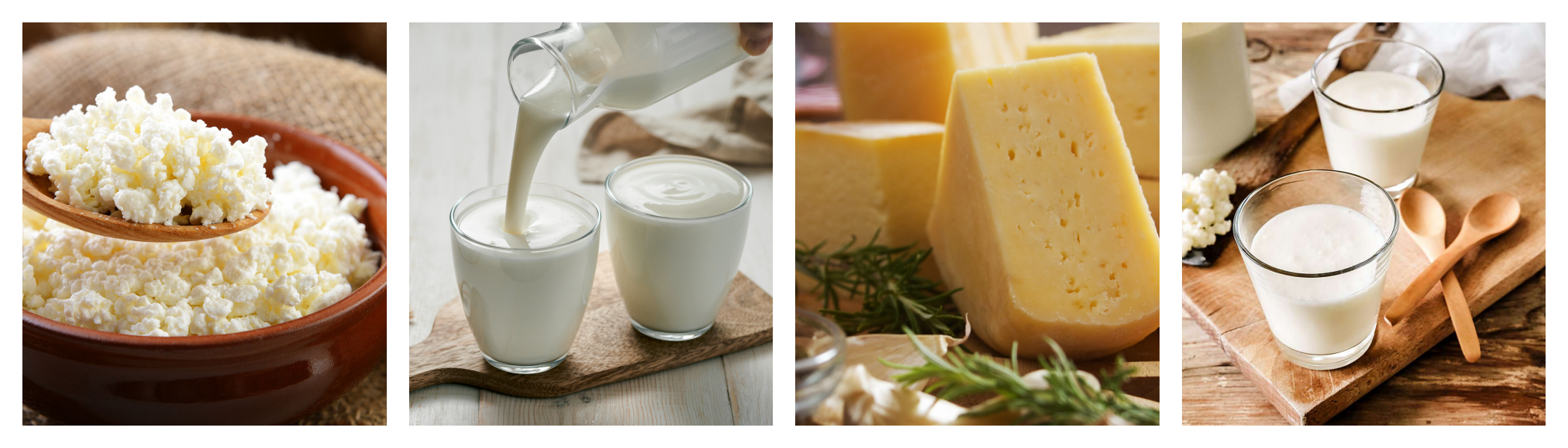 Коллаж из молочных и кисломолочных продуктов: творог, кефир, сыр и йогурт в стаканах.