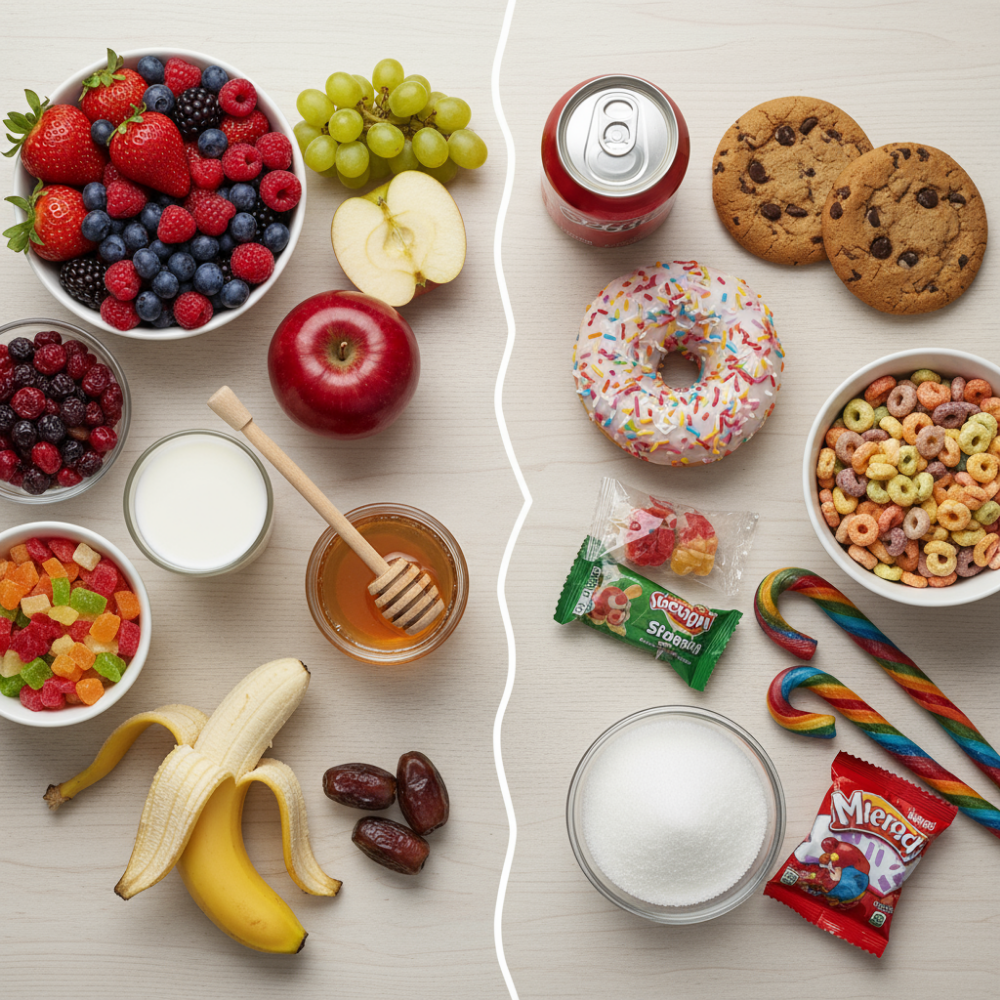Натуральные и добавленные сахара: фрукты, ягоды, мёд и молоко слева, сладости, газировка и сахар справа