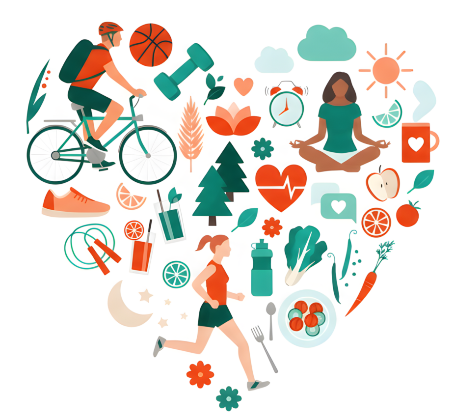 Иллюстрация заботы о себе: медитация, велопрогулки, бег и полезное питание в форме сердца