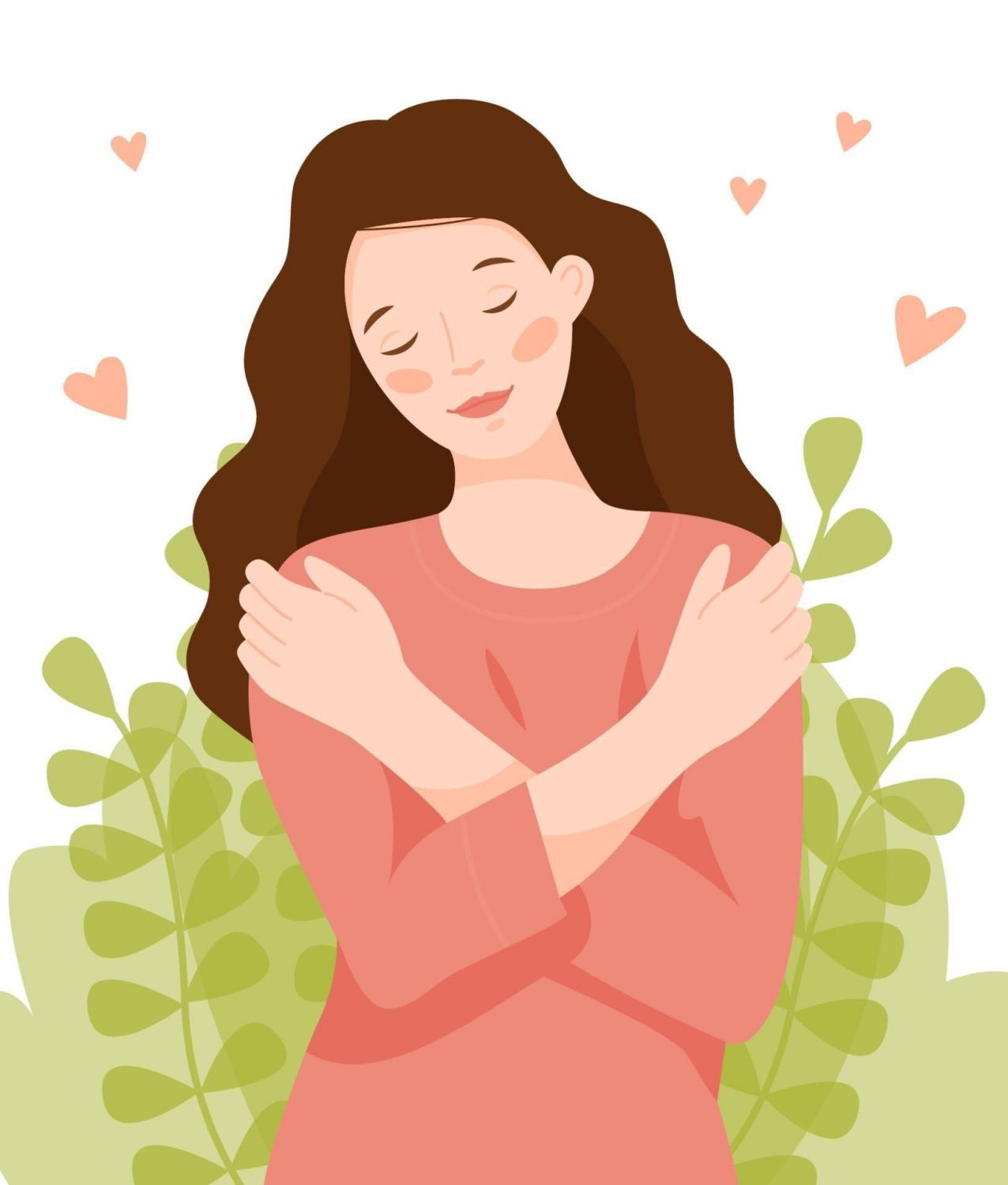 Иллюстрация заботы о себе: девушка с закрытыми глазами обнимает себя, вокруг сердечки и зелёные листья