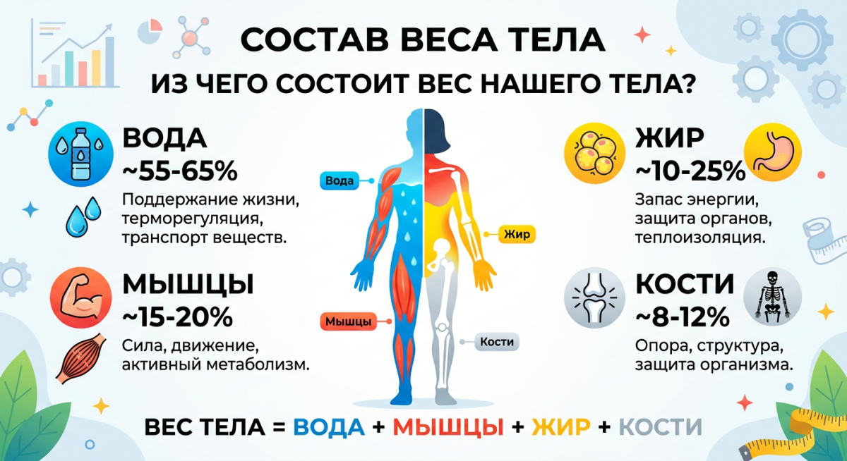 Инфографика с изображением человеческого тела и процентным составом веса: вода, мышцы, жир и кости, с кратким описанием функций каждого компонента