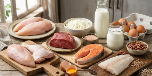 Натуральные источники белка: курица, рыба, мясо, яйца, молочные продукты и бобовые